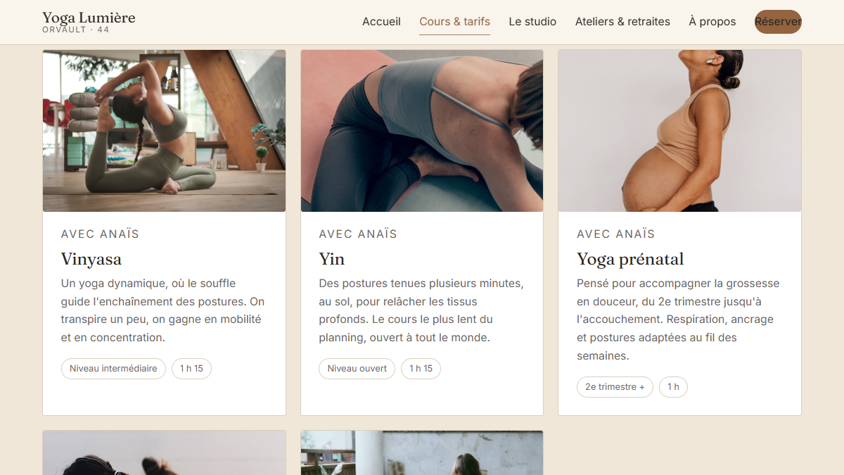 Page cours et tarifs du site Yoga Lumière